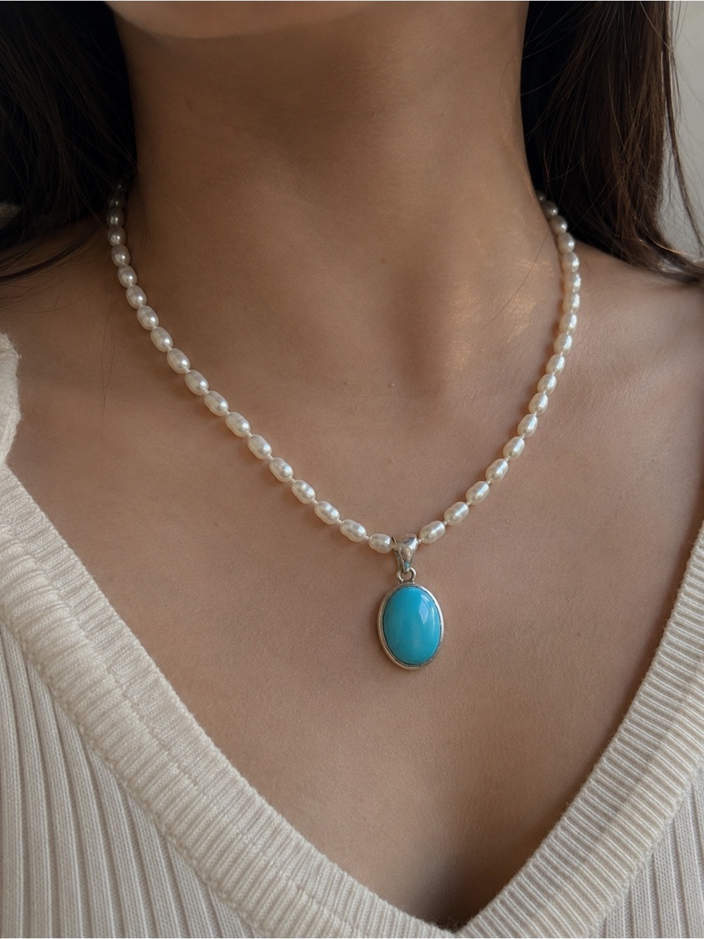 Natural Pearl Necklace with Persian Turquoise Pendant – 925 Sterling Silverware
